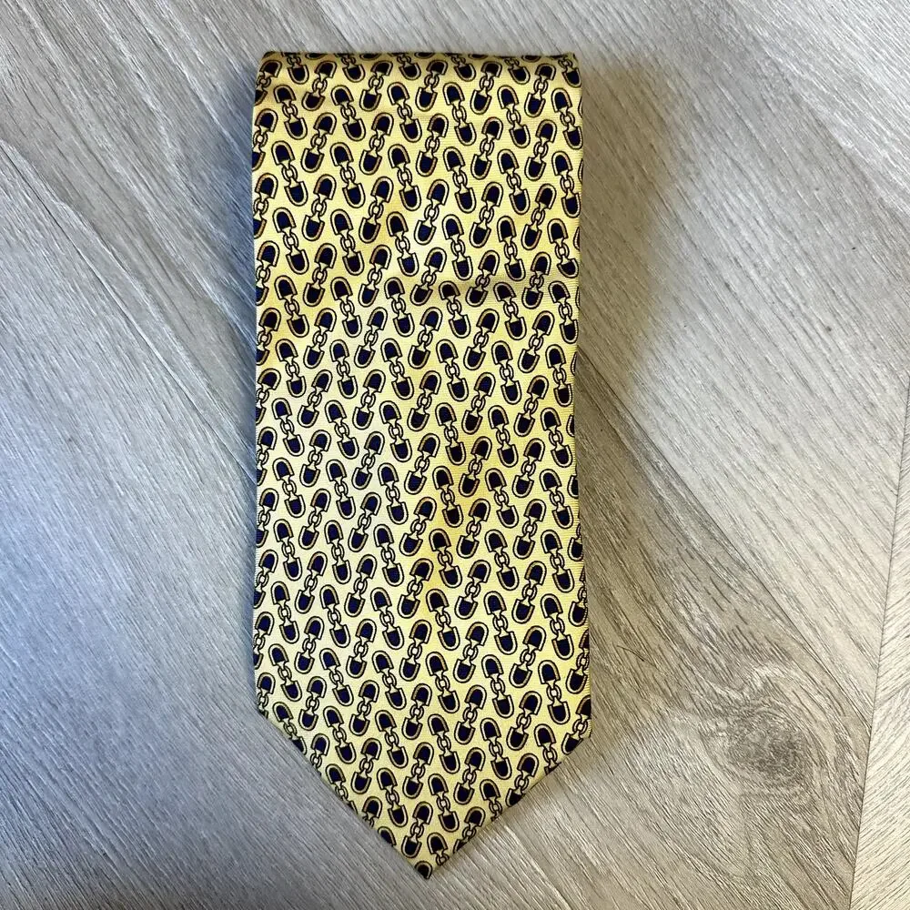 Vintage Beaufort Tie Rack Silk Link Print Tie Equestrian Horse Bit Yellow Blued
